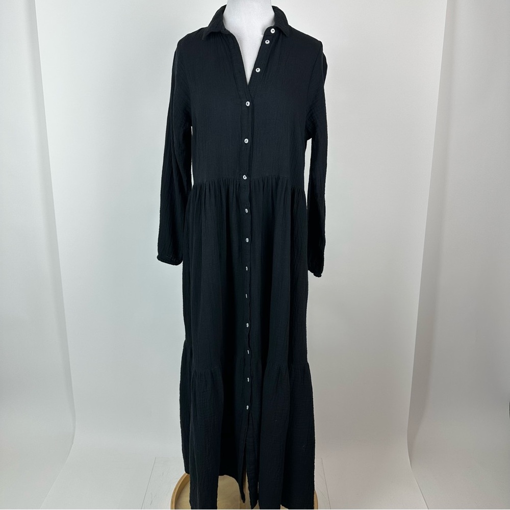 Gina Black Gauze Button Down Collared Maxi Dress Size Medium - Picture 4 of 12